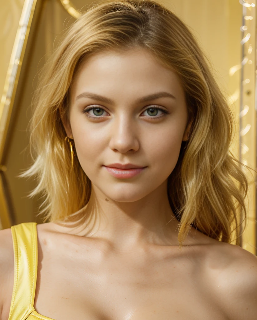 Sure, here is the translation from Spanish to English:

"a woman with bright yellow hair and a bright yellow dress, yellow hair, yellow hue, beautiful yellow woman, light yellow hair, yellow makeup, shiny hair, (((yellow))), wavy hair yellow theme, medium yellow blond hair, brilliantly colored, neon hair, glossy yellow, long yellow hair, yellow, yellow skin, vibrant hair, yellow spiky hair"