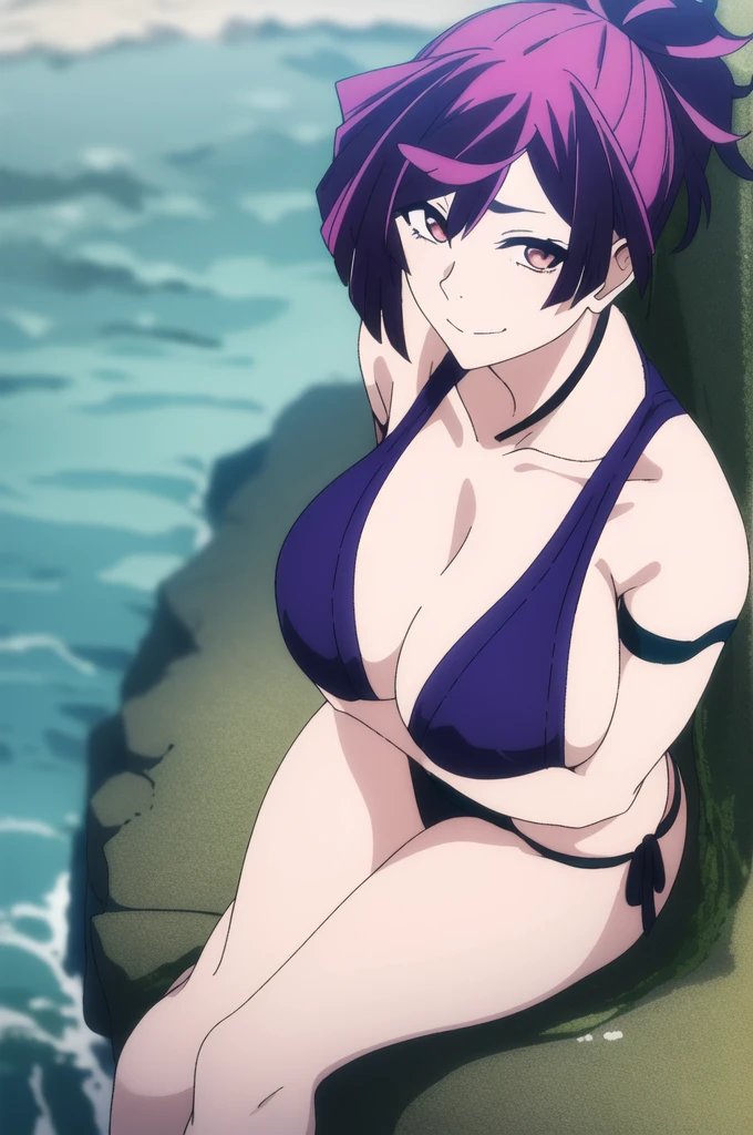 (masterpiece), ((best quality)), yuzuriha_jigokuraku, 1girl, solo, breasts, short_hair, red_eyes, ponytail, purple_hair, looking_at_viewer, blushed smile, large_breasts, cleavage, bare_shoulders, sitting, sitting on benh, collarbone, crossed_legs, black underwear, from_below, breasts, large breasts, big breasts, huge breasts, big tits, giant breasts, small bikini, bikini, bare shoulders, bare arms, beach, ocean, underboob