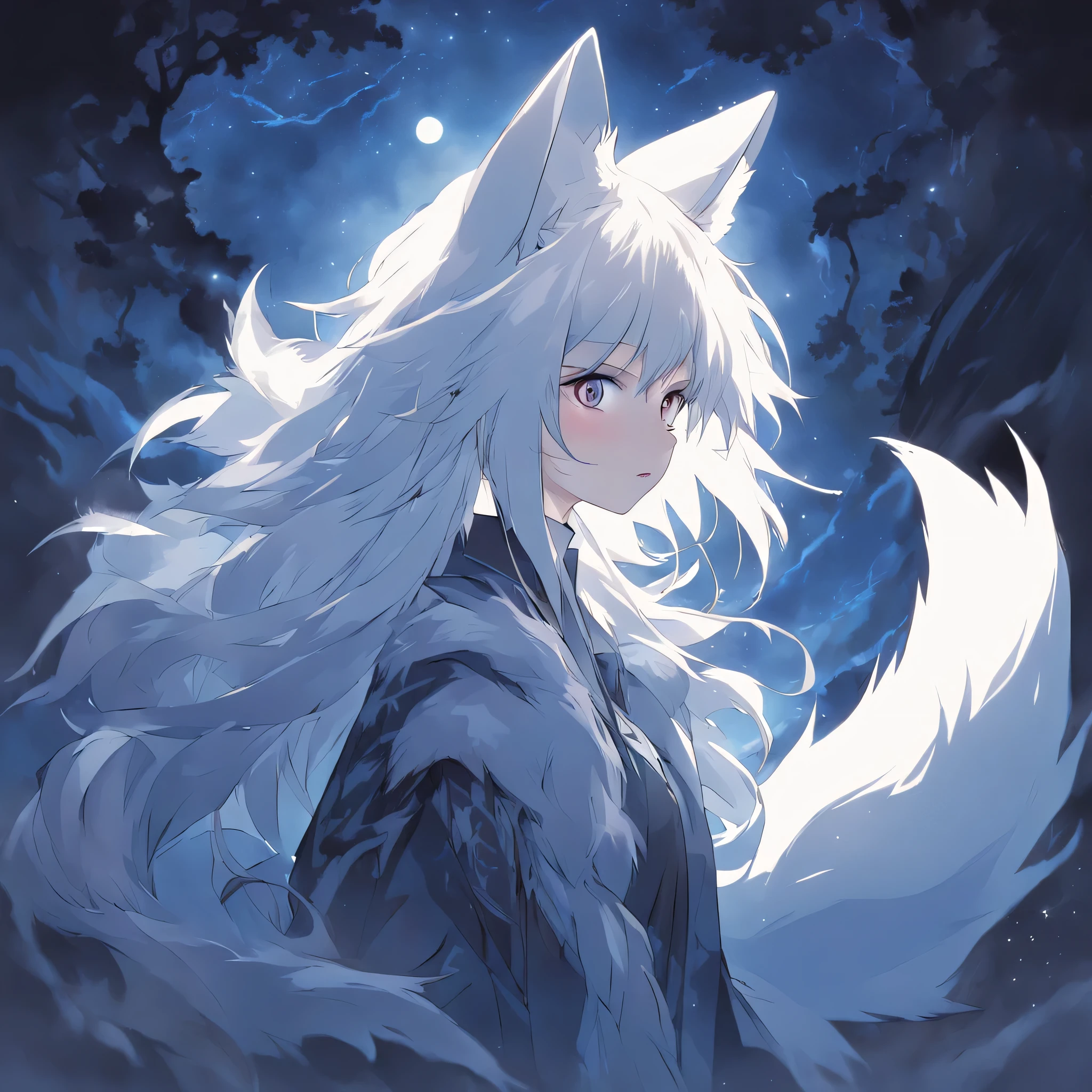 (An anime girl with white hair and fox ears before the full moon:1.5), fantasy fox love, White-haired fox, white fox anime, Anime fantasy illustration,(dark forest background，Blue transparent smoke surrounds)，(There is a huge white nine-tailed fox beside him:1.8), art of silverfox,Best quality, Masterpiece, Ultra-high resolution, (photograph realistic:1.4), Ultra-realistic realism, Dream-like,fusionart, Shadowdancer, shadow magic, Darkness, stealth, shadowstep, umbral spells,