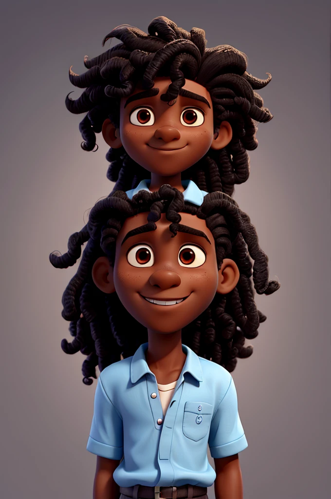 create an image of a dark-skinned boy with long curly hair 3d cartoon