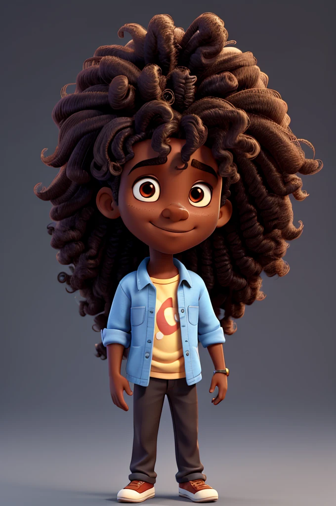create an image of a dark-skinned boy with long curly hair 3d cartoon