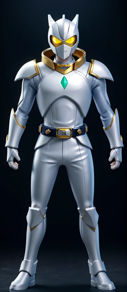 Finish off golden kamen rider with large pointed shoulder pads and its white metallic torso with ridges on the part of the sharp and luminous shoulder pads