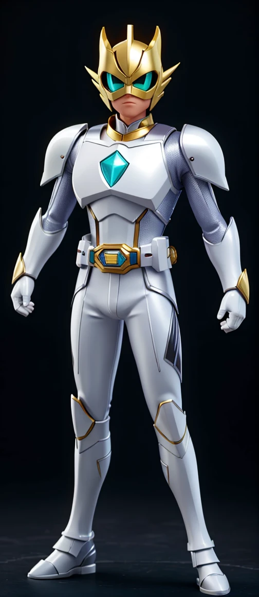 Finish off golden kamen rider with large pointed shoulder pads and its white metallic torso with ridges on the part of the sharp and luminous shoulder pads