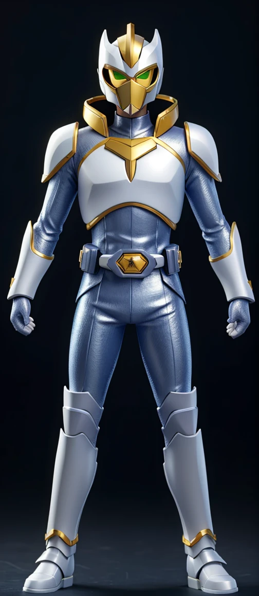 Finish off golden kamen rider with large pointed shoulder pads and its white metallic torso with ridges on the part of the sharp and luminous shoulder pads