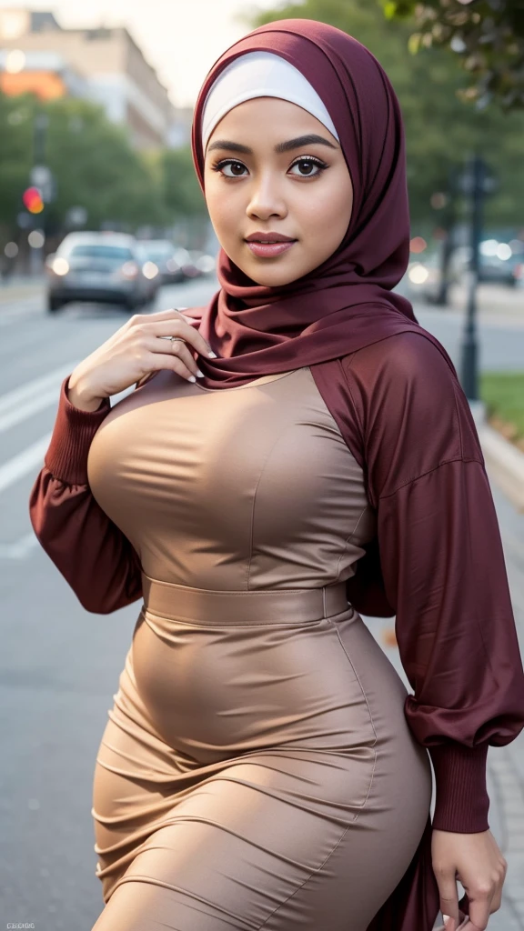 RAW, Best quality, high resolution, masterpiece: 1.3), beautiful Malay woman in hijab, Masterpiece, perfect fit body, big breasts, thick thighs, beautiful big eyes, Soft smile, muslim woman in a maroon cloth, wearing a fisher 🧥, 🤠 using a 🖥, taupe, long skirt, City parks, Great lighting, Bright colors, Ultra realistic clean lines, very realistic