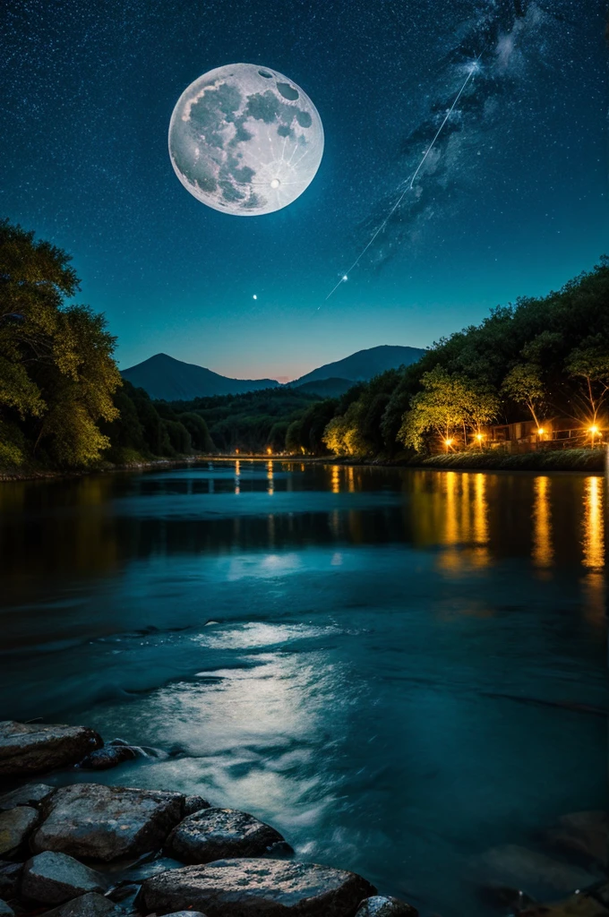 Full bright moon with colorful eye-catching stars and the view from river water 
