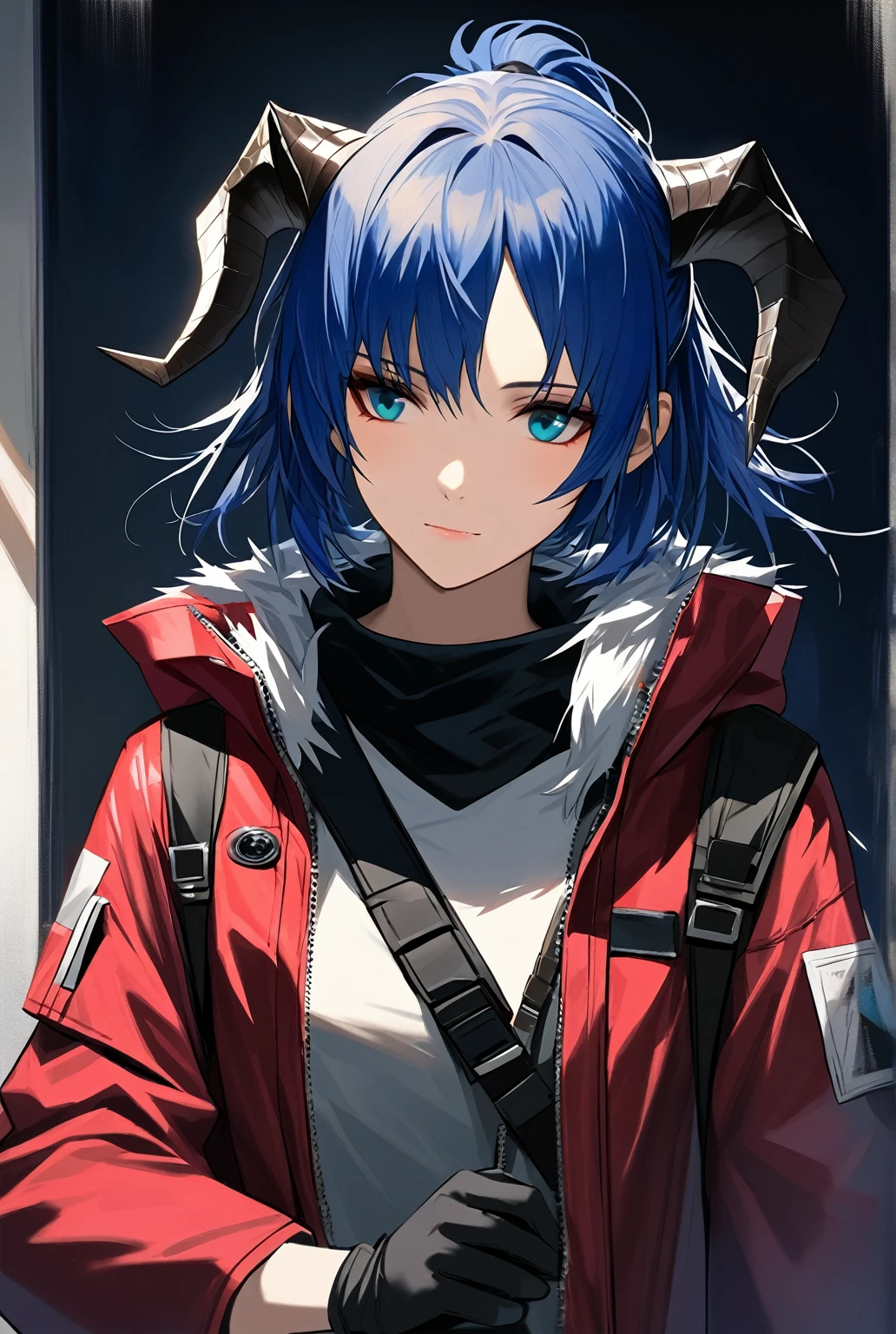 (woman), ((Mostima from arknights)), masterpiece, best quality, blue hair, ((short hair)), ((pony tail hair)), ((horns)), plain white shirt, red fullbody coat, dark blue eyes, realistic anime style, faint smile, ((portrait)), black gloves, carring a bag.