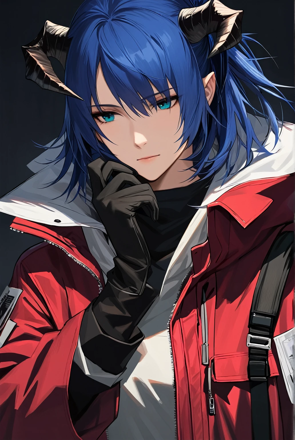 (woman), ((Mostima from arknights)), masterpiece, best quality, blue hair, ((short hair)), ((pony tail hair)), ((horns)), plain white shirt, red fullbody coat, dark blue eyes, realistic anime style, faint smile, ((portrait)), black gloves, carring a bag.