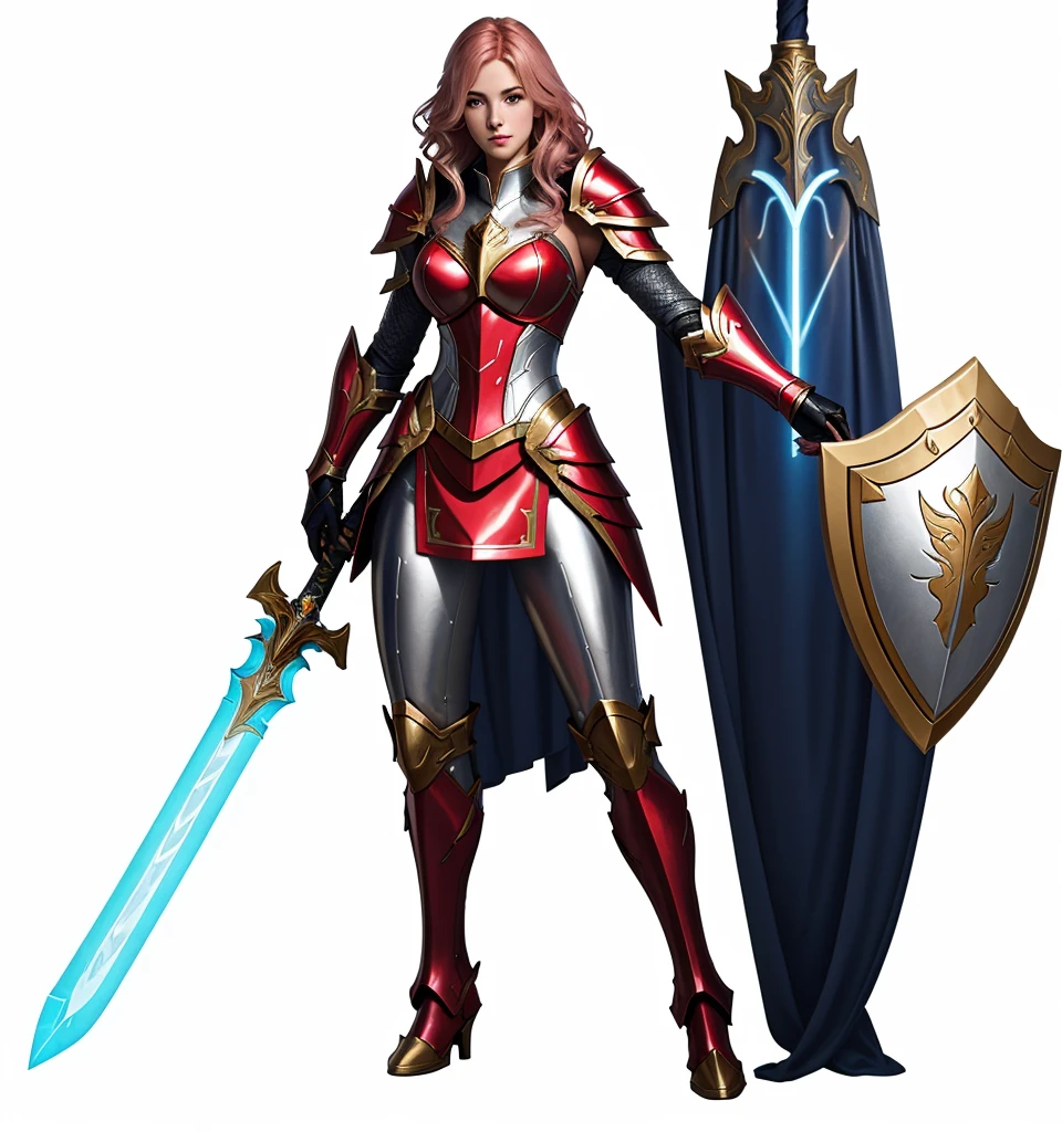 paladin, female, full armor, white armor, sexy, pretty face face, glowing armor, wonderfull, looks like "leona" from "league of legends", full body, Meilleure qualité, 1fille, seulement, gros seins, clivage, rideaux de poitrine, glowing sword, red and gold shield color, red and silver armor,