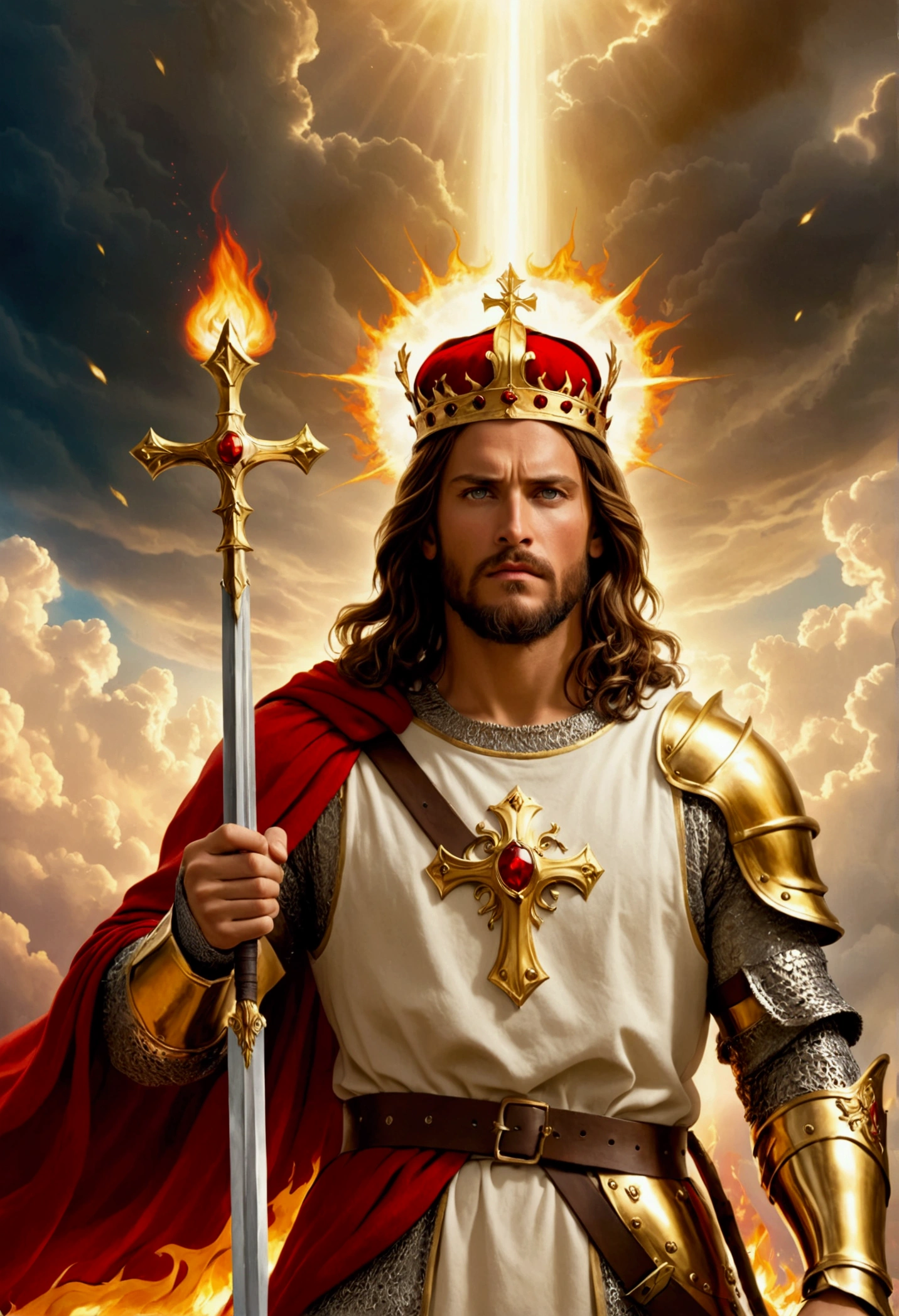 JesusChrist, with a golden crown, Descending from the heavens with a flaming sword, your eyes are like red flames, like a red fire your eyes shine, your clothes are like a knight ready for war. realisitic, cena de cinema