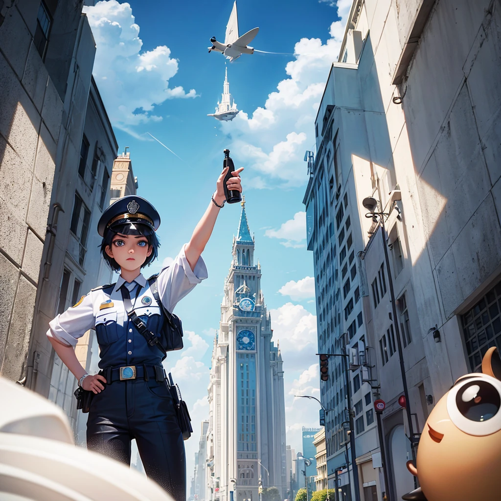 Disney-inspired untitled 3d poster/Pixar by a 22 year old, offwhite, drinking from, cabelo offwhite, and short black, blue eyes, round nose, police profession, responding to an incident, Ram in the background protecting