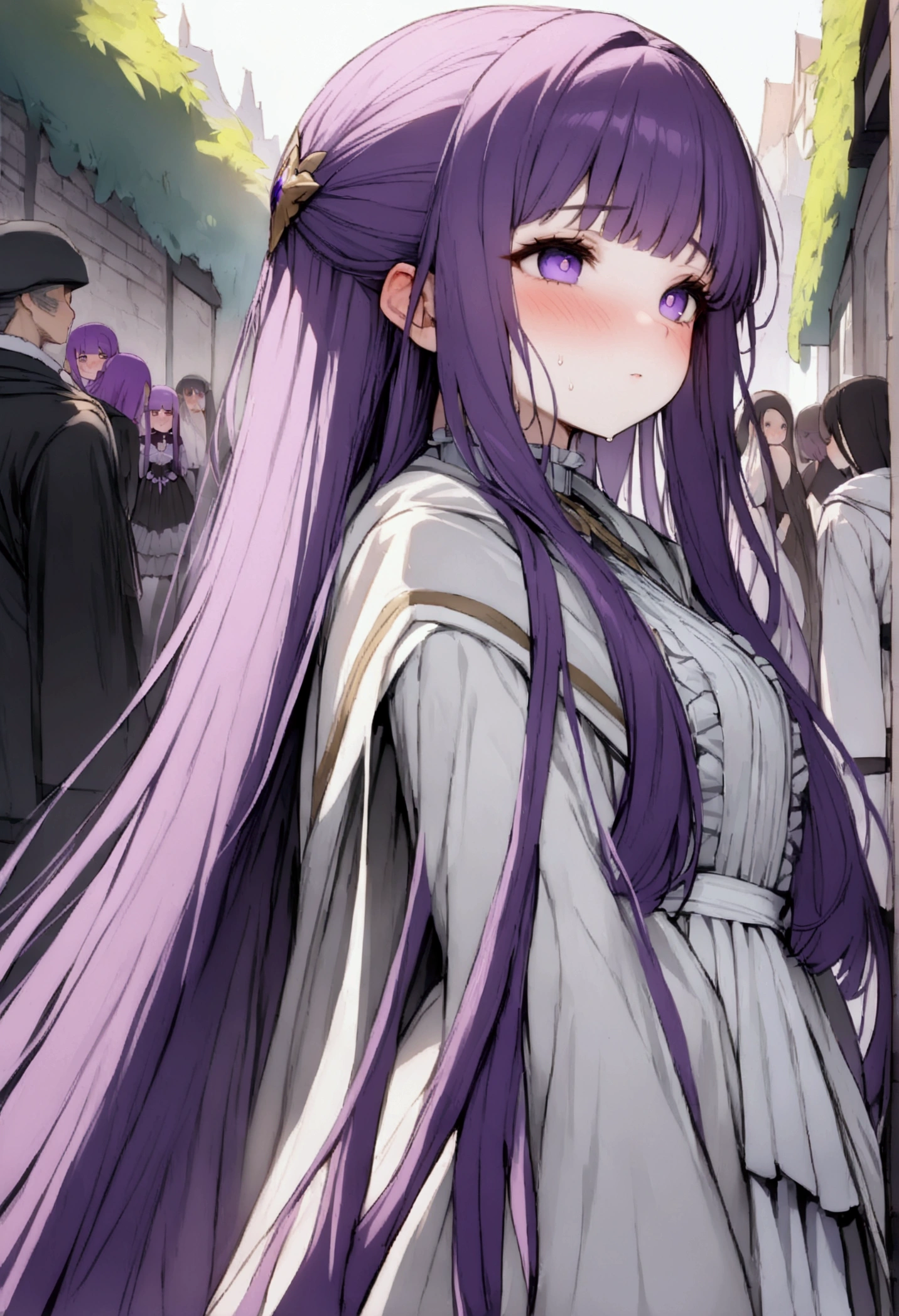 NSFW,masterpiece,Highest quality,High resolution,Super detailed,Fern\(Funeral of Frieren\),Purple eyes,Purple Hair,Long Hair,Fantasy,(Magical girl),Frill dress,Off the shoulder,mini skirt,blush,bustling street