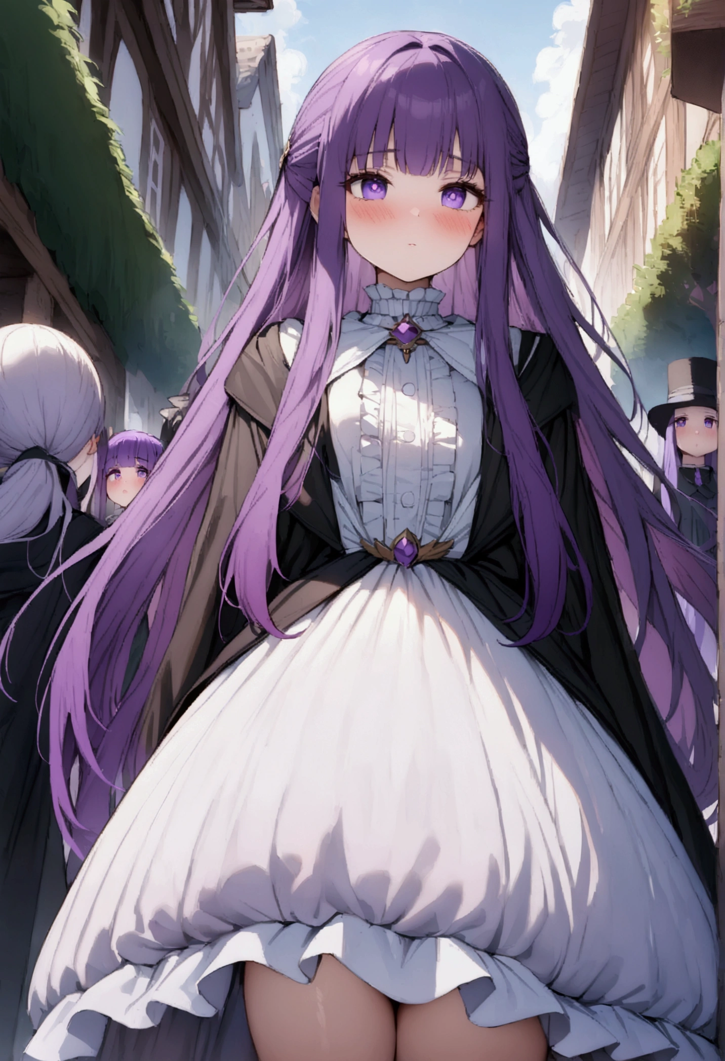 NSFW,masterpiece,Highest quality,High resolution,Super detailed,Fern\(Funeral of Frieren\),Purple eyes,Purple Hair,Long Hair,Fantasy,(Magical girl),Frill dress,blush,bustling street