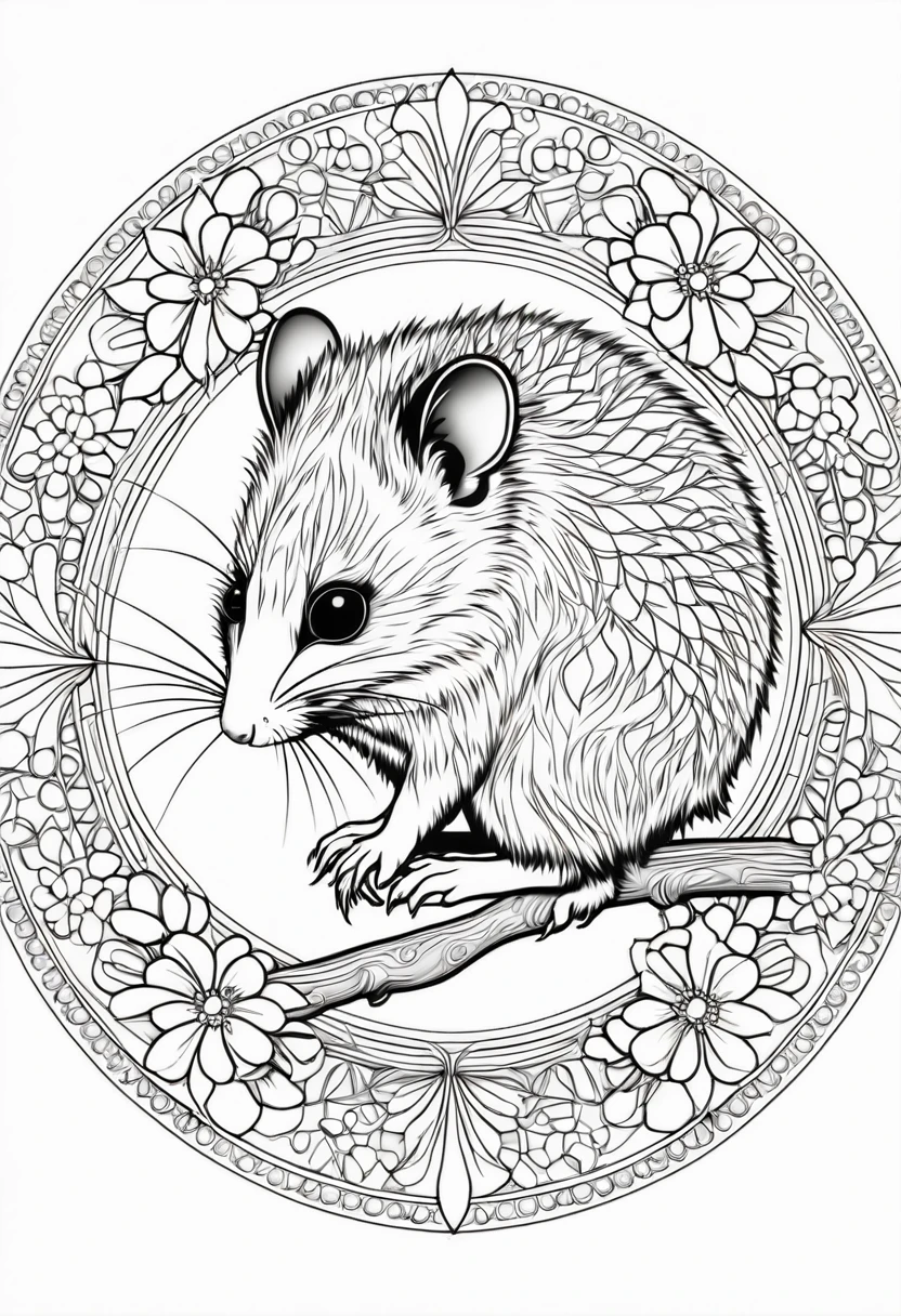 A striking black and white line art coloring page designed for adults with white background, featuring a majestic Pygmy Possum in a mandala-inspired style. The Pygmy Possum is adorned with intricate patterns that include floral and geometric designs, making it an engaging and detailed work of art. The illustration focuses on crisp, clean lines and bold outlines, without any shading or color, allowing the user to bring their own vibrancy to the piece. The minimalistic design, with its thick lines and absence of background details, creates a soothing coloring experience for adults seeking calming and creative activities. illustration
