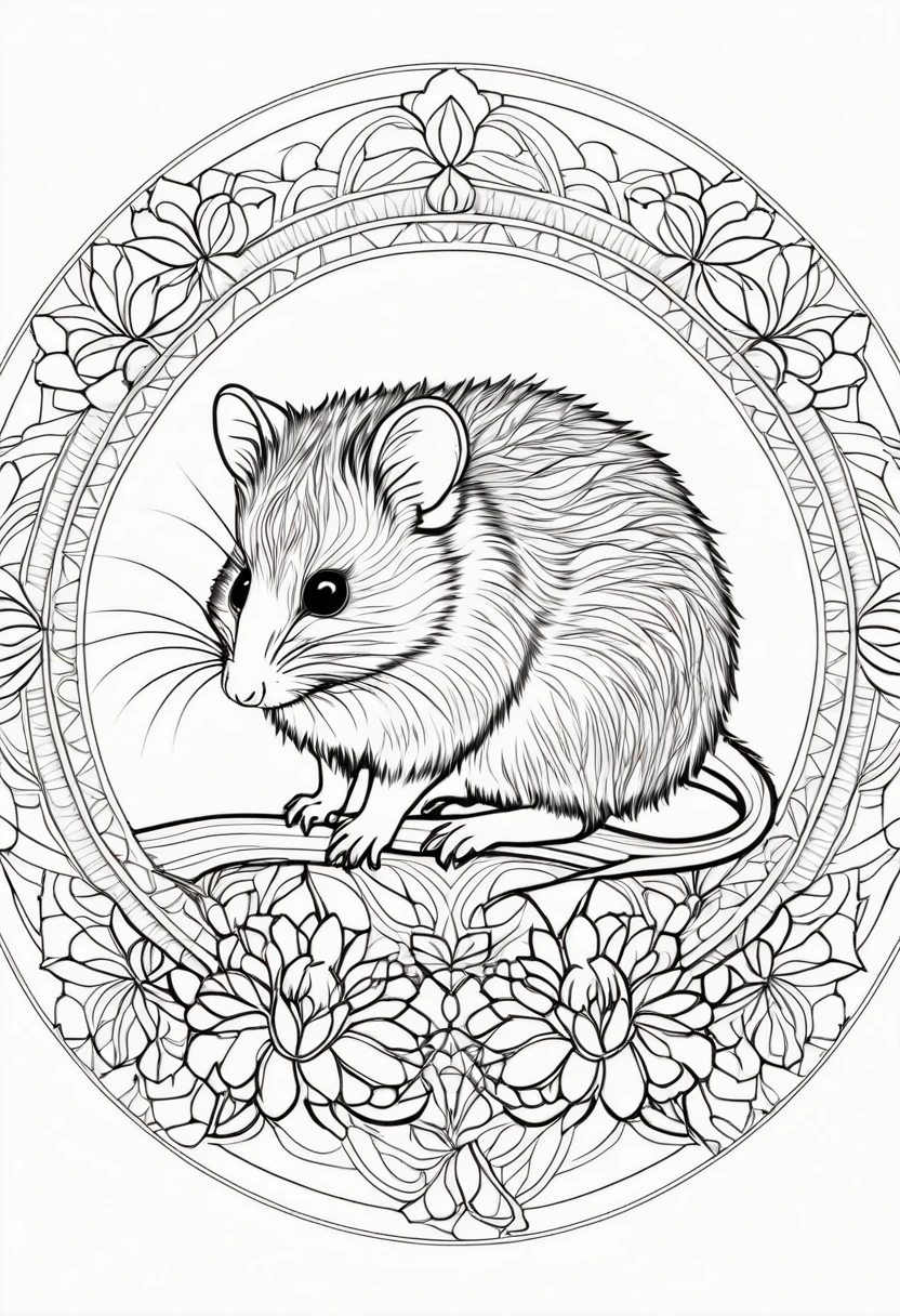 A striking black and white line art coloring page designed for adults with white background, featuring a majestic Pygmy Possum in a mandala-inspired style. The Pygmy Possum is adorned with intricate patterns that include floral and geometric designs, making it an engaging and detailed work of art. The illustration focuses on crisp, clean lines and bold outlines, without any shading or color, allowing the user to bring their own vibrancy to the piece. The minimalistic design, with its thick lines and absence of background details, creates a soothing coloring experience for adults seeking calming and creative activities. illustration