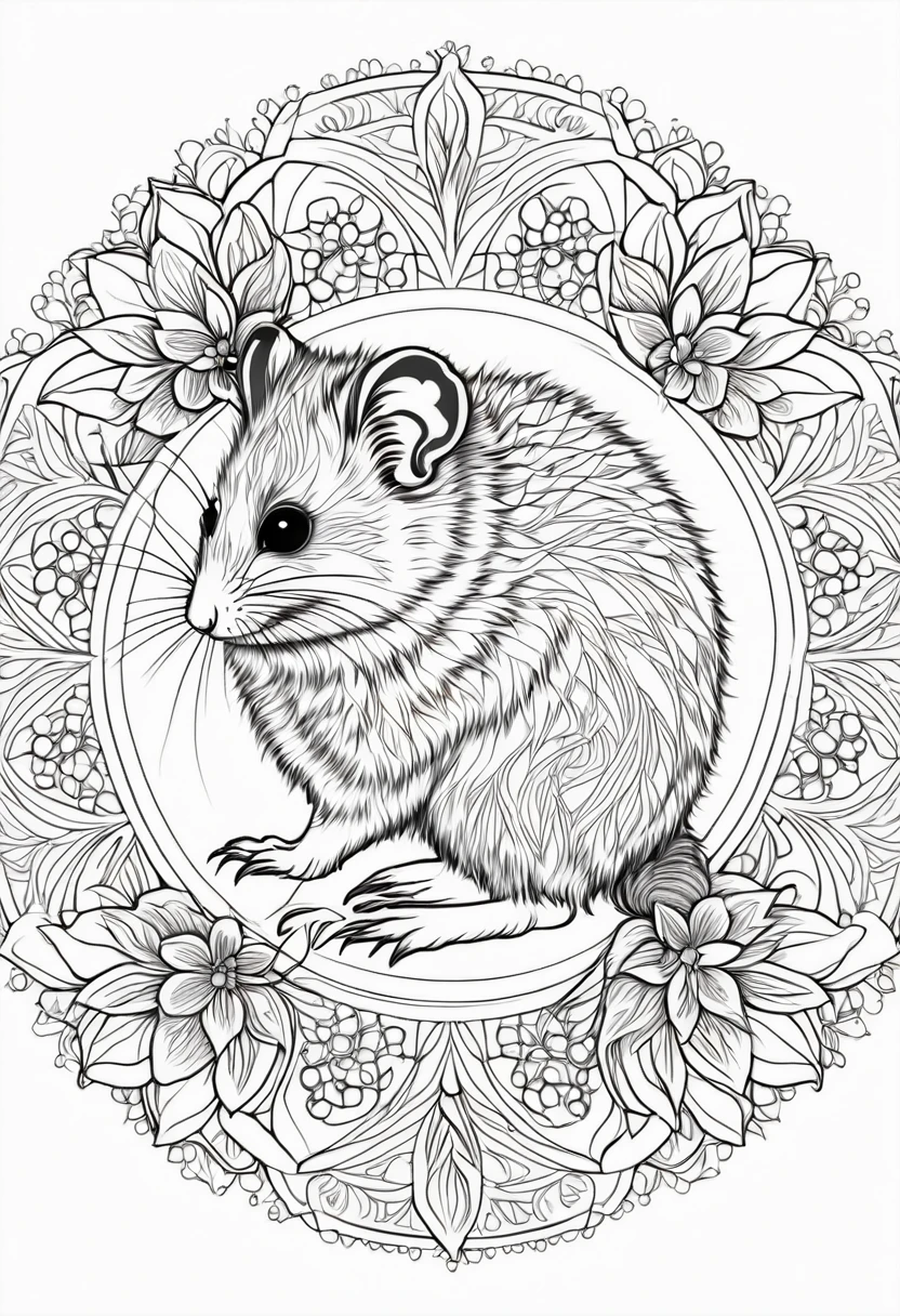 A striking black and white line art coloring page designed for adults with white background, featuring a majestic Pygmy Possum in a mandala-inspired style. The Pygmy Possum is adorned with intricate patterns that include floral and geometric designs, making it an engaging and detailed work of art. The illustration focuses on crisp, clean lines and bold outlines, without any shading or color, allowing the user to bring their own vibrancy to the piece. The minimalistic design, with its thick lines and absence of background details, creates a soothing coloring experience for adults seeking calming and creative activities. illustration
