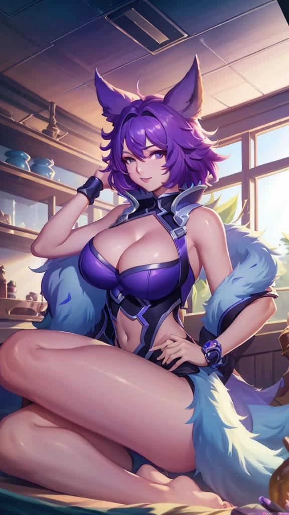 Fan Qi, league of legends splash art, a detailed painting, sots art, 1girl, big breasts and exposed breasts ,animal ears, ((big breasts:1.21)), cleavage, short hair, looking at viewer, (((indoors:1.33))), purple hair, sitting, sky, soaking feet, Standing forward bend, (masterpiece, best quality:1.5), smiling, a slim navel