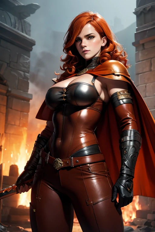 Emma Watson, Beautiful redhead nordic warrior orange curly hair muscular body perfect breasts leather pant armor leather cape with fluff edge holding large sword detailed face would cheekbones blushing rendered image posing heroically 