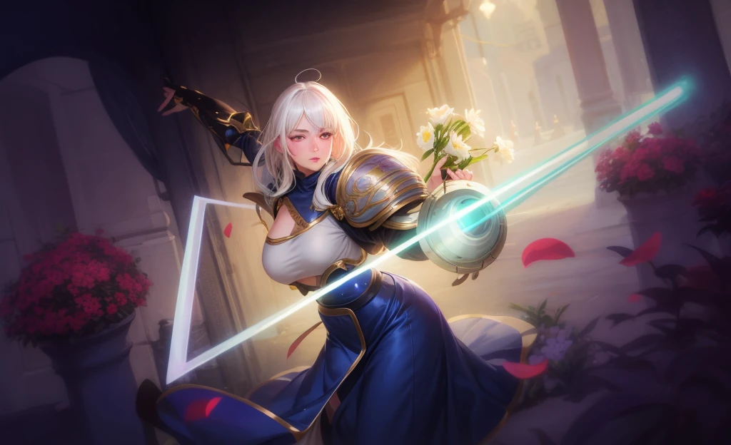 realistic, 1girl, white hair, purple eyes, glowing eyes, crop top, skirt, parted lips, blush, night, flowers, sun, sunlight,