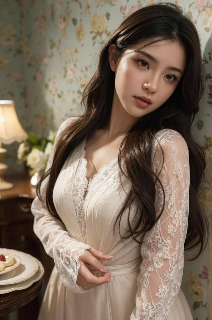 a stunningly realistic, high resolution 8K photo of a beautiful 30-year-old woman, ((messy side wave long hair)), and a glamorous figure, dramatic lighting, masterpiece, immersive atmosphere, chiaroscuro:(1.5, bright light:1.2, luminous lighting), (background blur:1.5), blurring, best quality, photorealistic, ultra-detailed, HDR, physically-based rendering, studio lighting, vivid colors, bokeh, (real skin texture:1.3), high contrast, (Fuji Color:1.5), Film grain, seductive detailed eyes and face, dynamic lighting, in the dark, deep shadow, low key, cowboy shot, Light on Face, very detailed lips, Detailed eyes, City Street，hyperdetailed face, very detailed lips, Detailed eyes, (Wear clothes that show the lines of your body),(Lace costumes:1.2), Retro atmosphere, perhaps vintage decor with pastel colors. An old living room with walls decorated with retro wallpaper, wooden furniture, vintage accessories. A warm and intimate atmosphere.