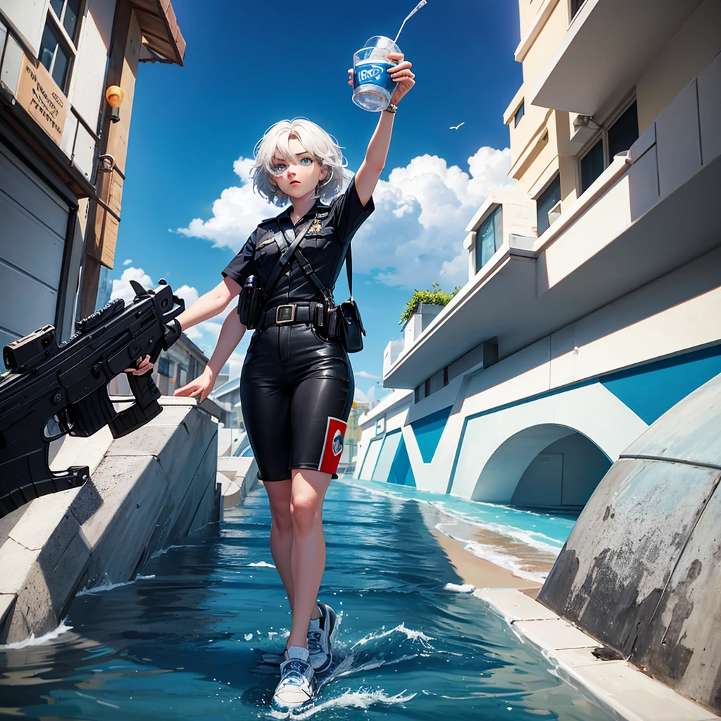 Disney-inspired untitled 3d poster/Pixar by a 22 year old, offwhite, drinking from, cabelo offwhite, and short black, blue eyes, round nose, police profession, responding to an incident, Flamengo in the background protecting