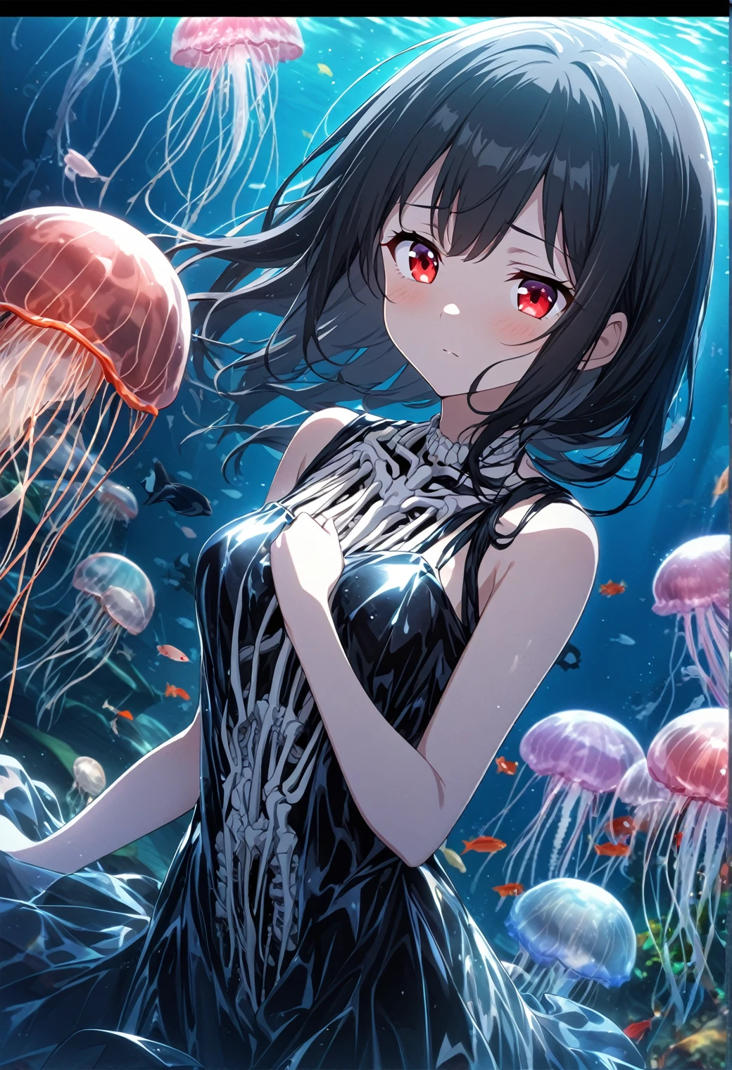1girl、Black Hair、Red eyes、Skeleton Body、plastic dress、jellyfish、aquarium、deep faint light 、 detailed CG、high resolution