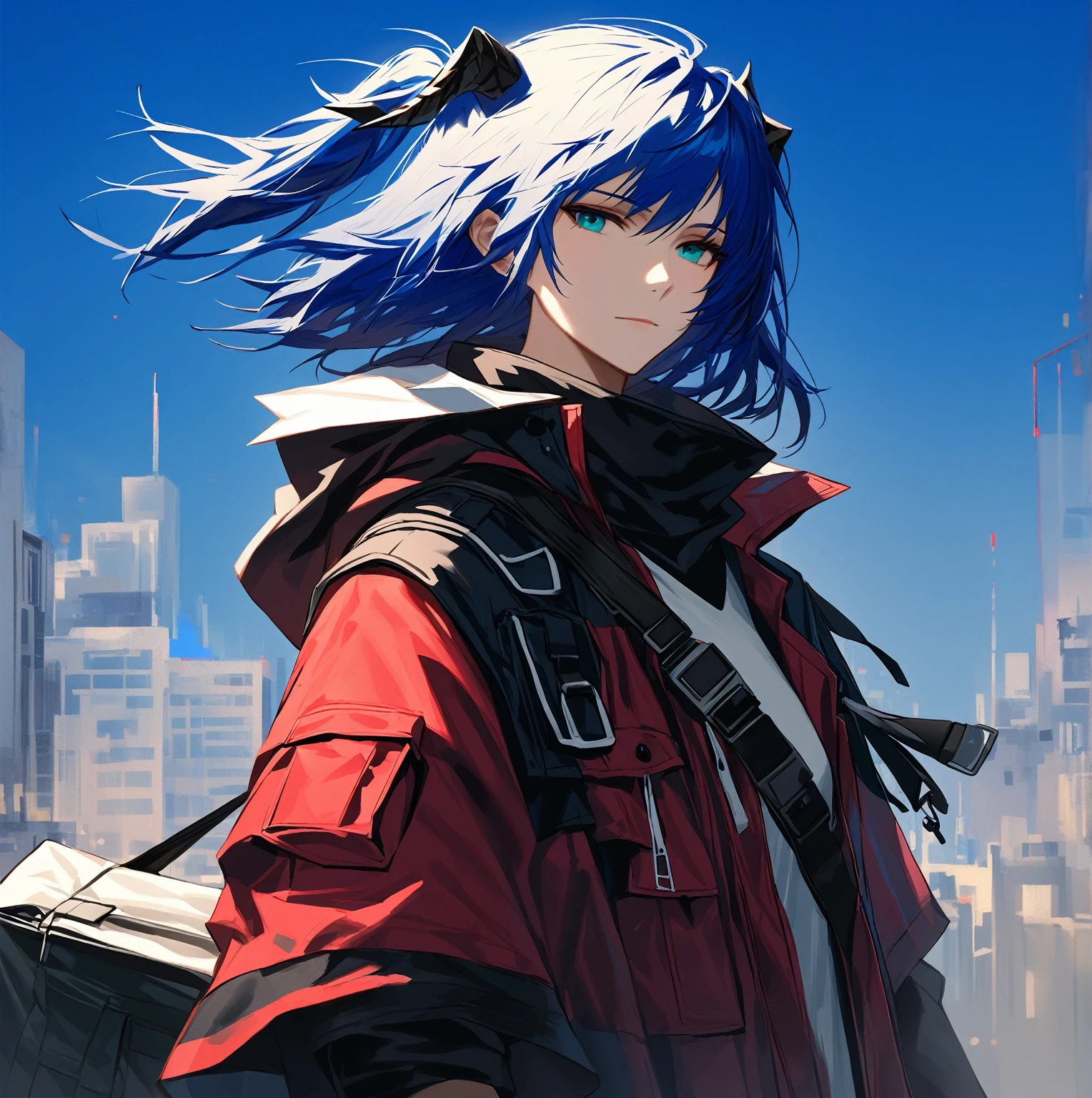 (woman), ((Mostima from arknights)), masterpiece, best quality, blue hair, ((short hair)), ((pony tail hair)), horns, plain white shirt, red fullbody coat, dark blue eyes, realistic anime style, faint smile, ((portrait)), black gloves, carring a bag.