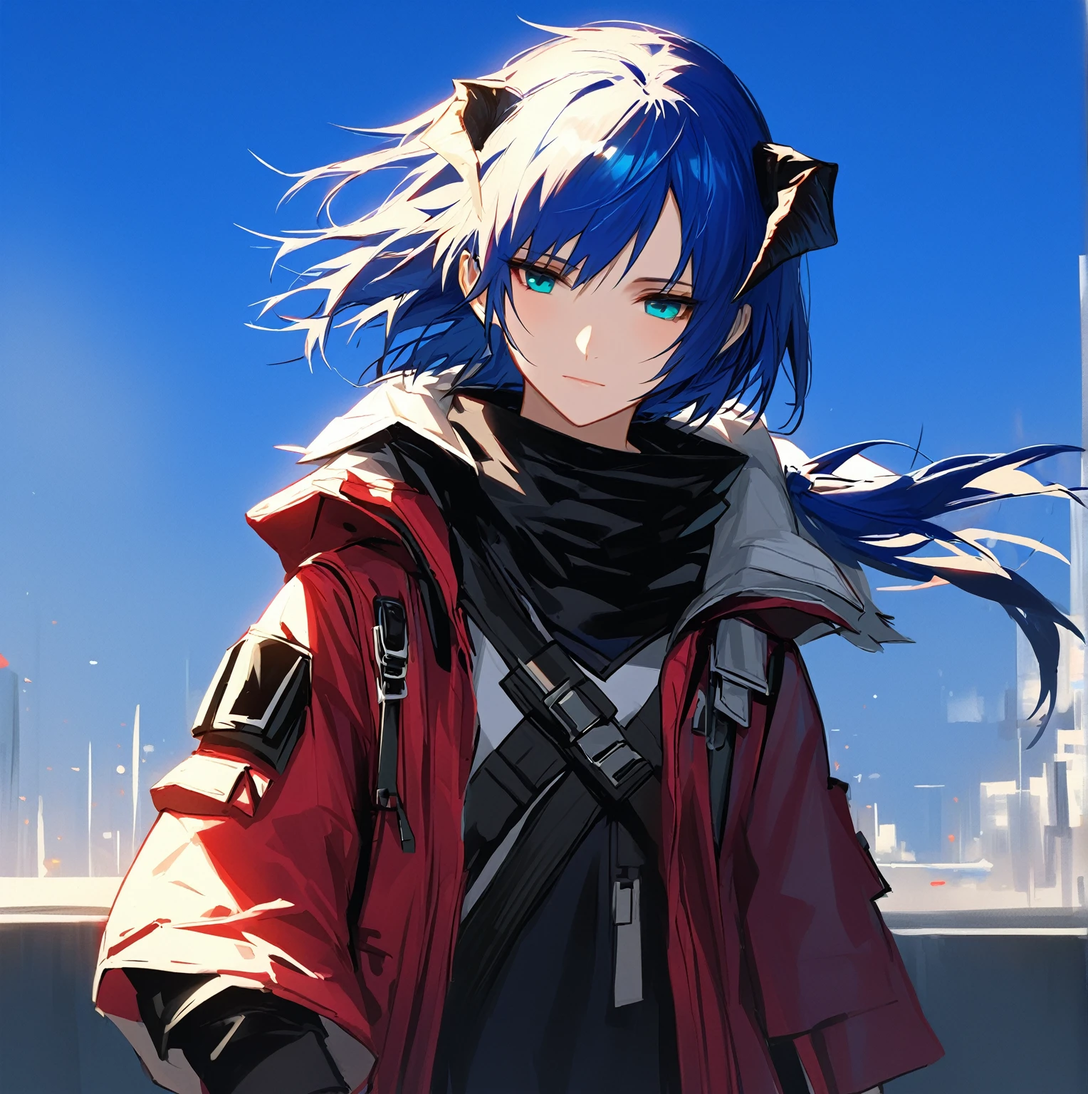 (woman), ((Mostima from arknights)), masterpiece, best quality, blue hair, ((short hair)), ((pony tail hair)), horns, plain white shirt, red fullbody coat, dark blue eyes, realistic anime style, faint smile, ((portrait)), black gloves, carring a bag.