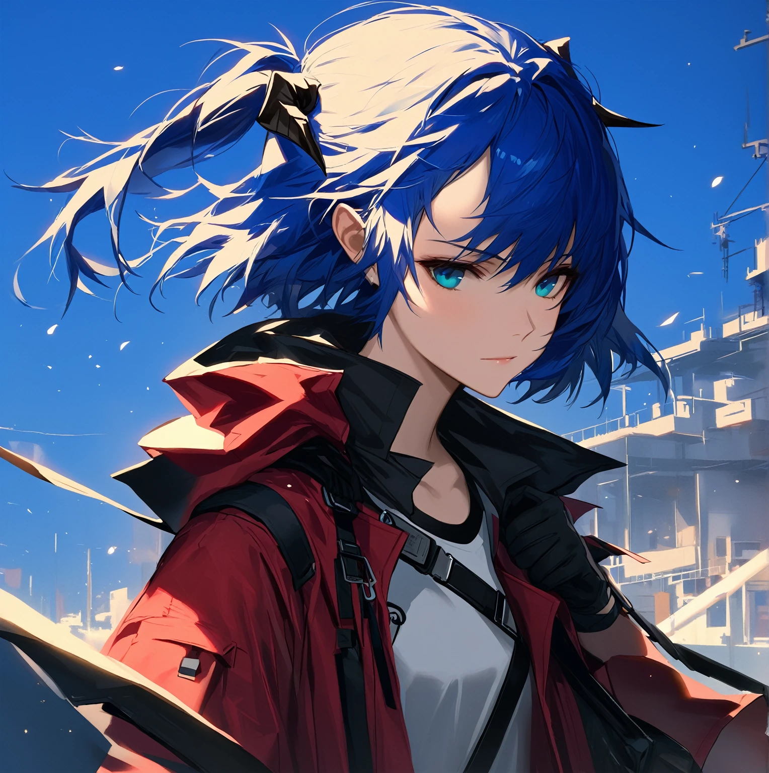 (woman), ((Mostima from arknights)), masterpiece, best quality, blue hair, ((short hair)), ((pony tail hair)), horns, plain white shirt, red fullbody coat, dark blue eyes, realistic anime style, faint smile, ((portrait)), black gloves, carring a bag.