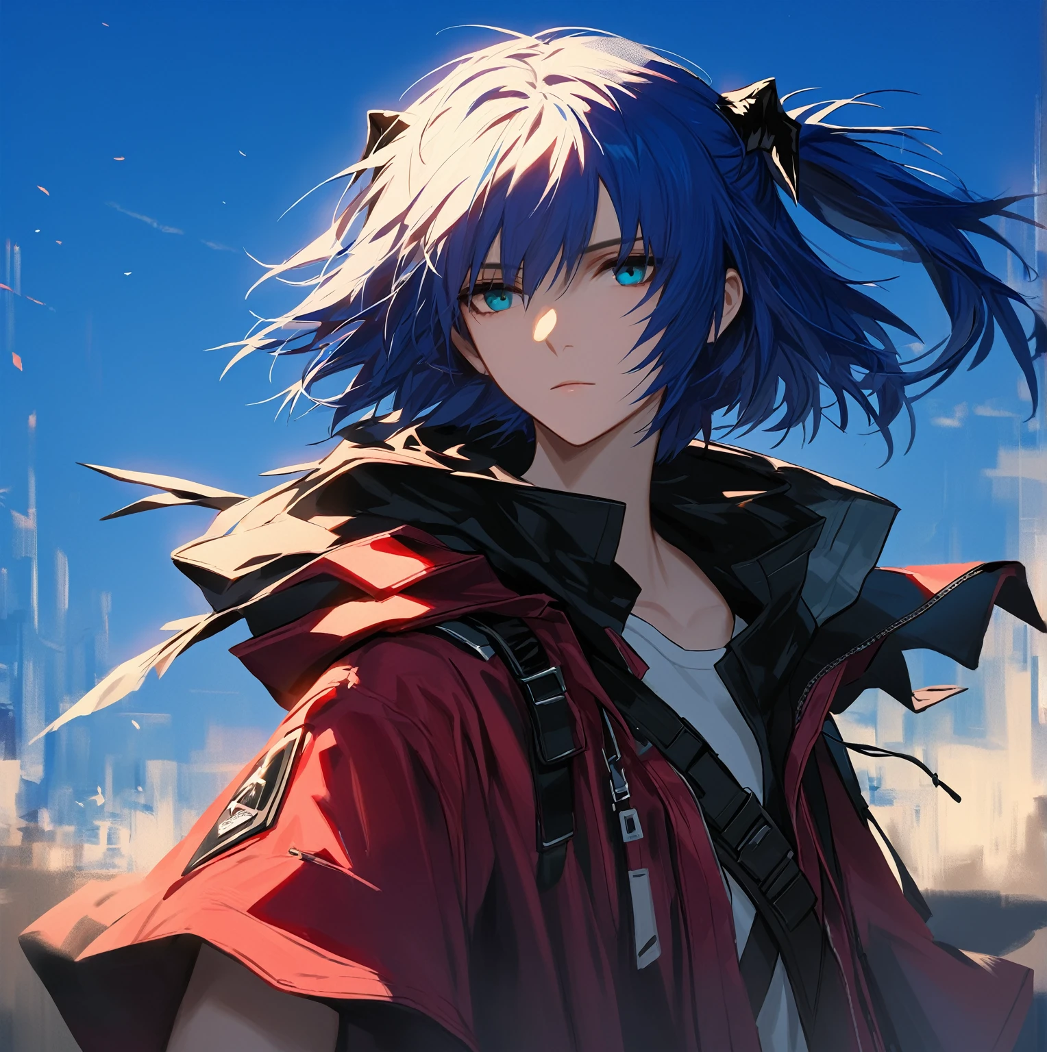 (woman), ((Mostima from arknights)), masterpiece, best quality, blue hair, ((short hair)), ((pony tail hair)), horns, plain white shirt, red fullbody coat, dark blue eyes, realistic anime style, faint smile, ((portrait)), black gloves, carring a bag.
