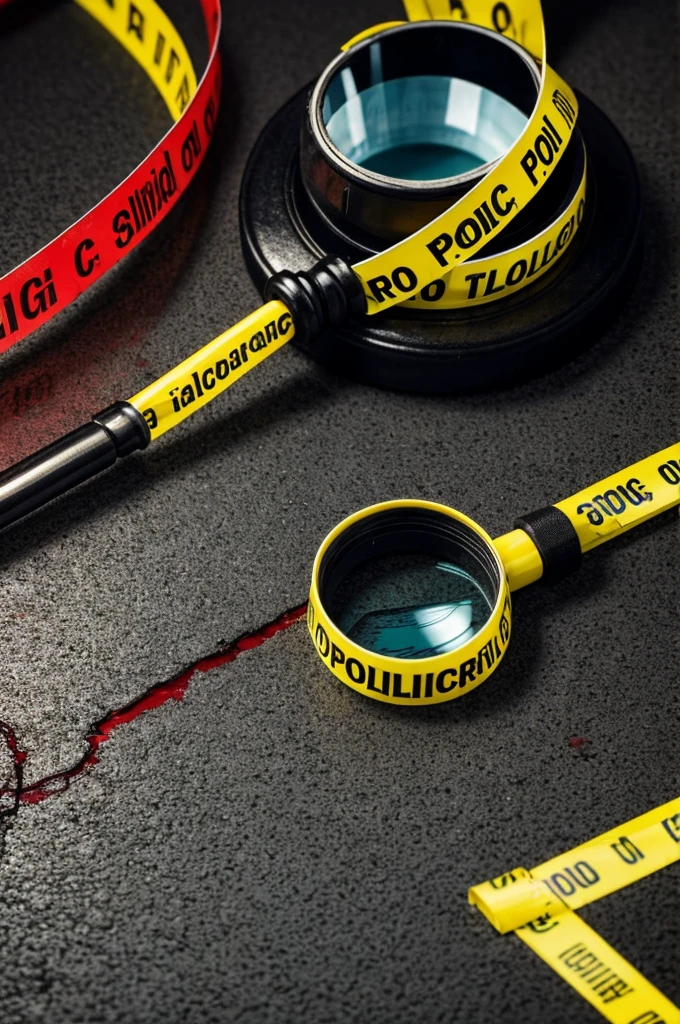 A magnifying glass focused on a blood stain, with police tape across the name "Fernanda".
colors: yellow (for police tape), black and red.