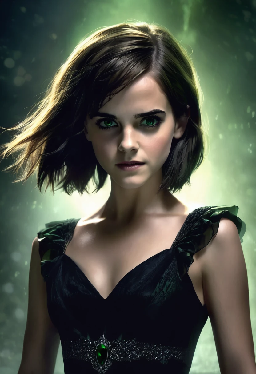 Emma Watson, 1 girl, vampire, wearing a black dress, male green eyes, detailed light tanned skin, straight black hair with short lob bangs, white skin, dramatic lighting, cinematic composition, cold palette, night environment, dark colors, atmospheric fog, thin chin, 20s (best quality, 4K, 8K, high resolution, art: 1.2), ultra-detailed, (realistic, photorealistic, photorealistic: 1.37)