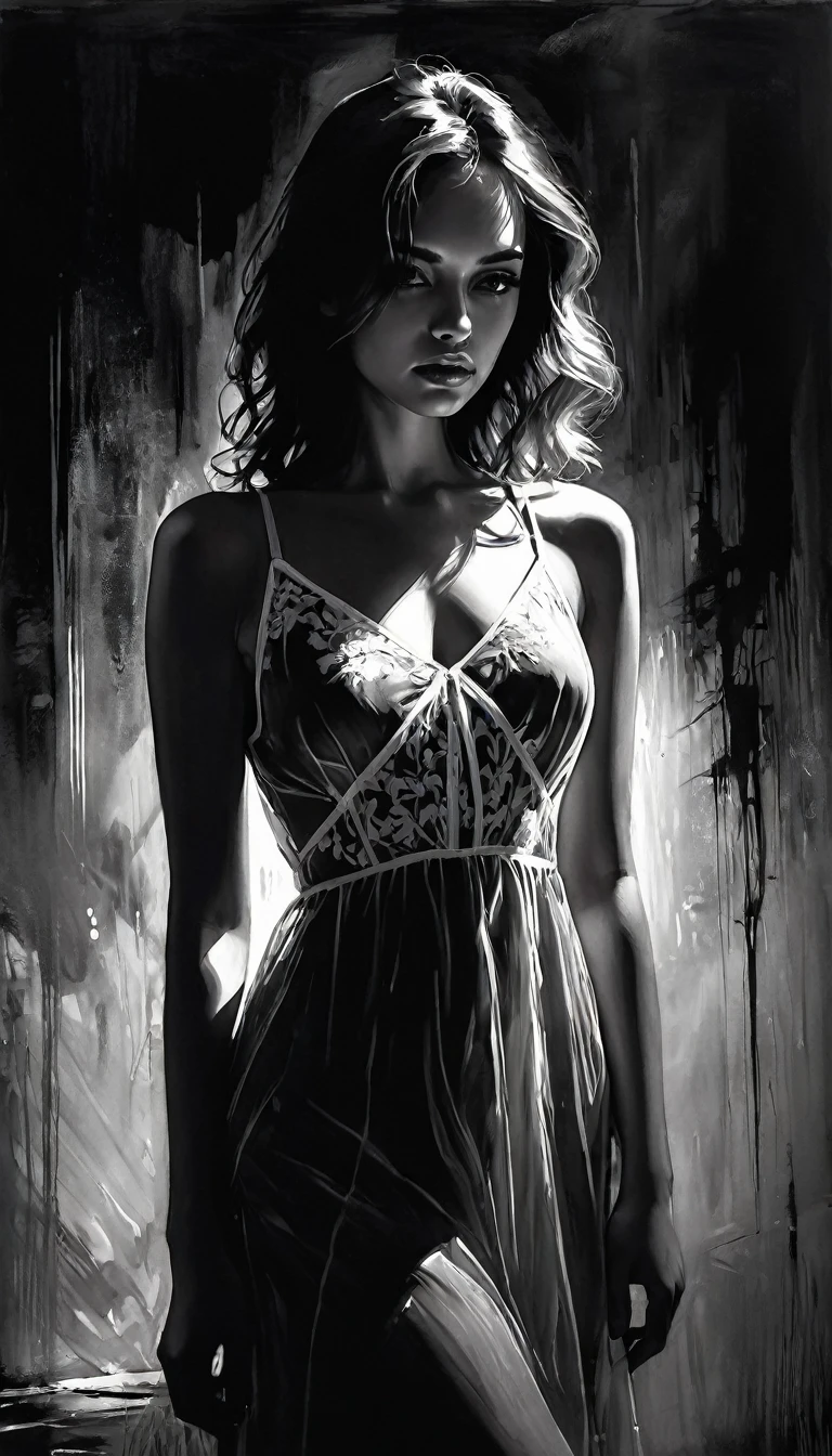 girl, alone, eroticism, sexy, black and white image, between shadows, oil painting, chiaroscuro,transparent and sexy nightdress,sensual, dramatic lighting, moody atmosphere, photorealistic, intricate details, masterpiece, ultra-detailed, high quality, 8k, best quality, realistic, cinematic, dark and brooding, expressionistic, powerful composition, emotional impact, Bill Sienkiewicz inspired art
