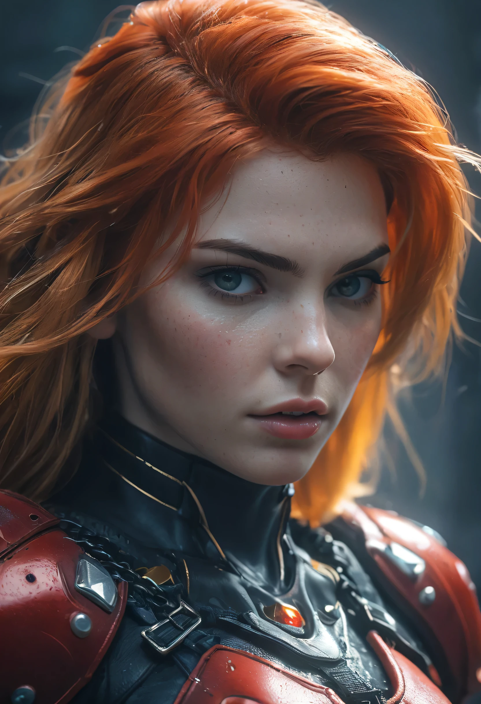 An illustration of a fierce character with fiery hair, in the style of Molecular, [lara croft:(princess peach:1.2):(zelda princess):panam palmer:samus:ciri:(jill valentine)], Al Capp, intense and powerful, photo-enhanced, cyberpunk genre, fiery red