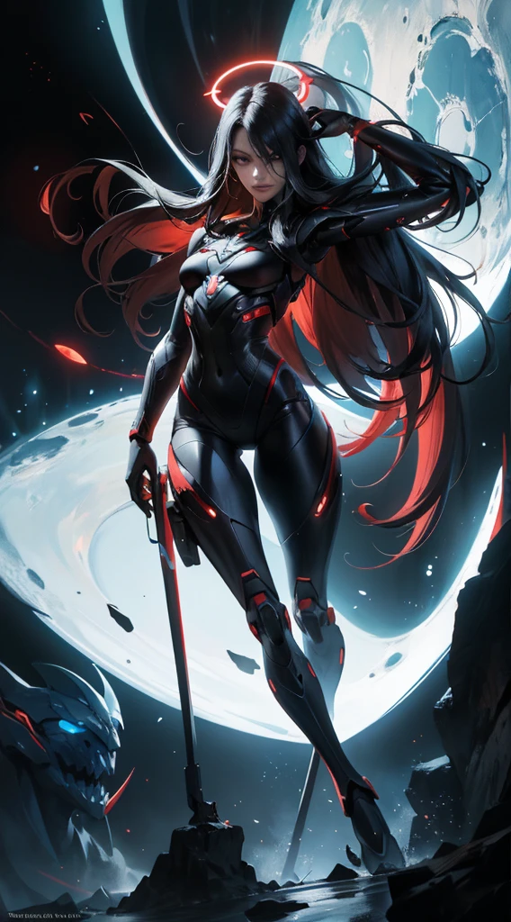 masterpiece, best quality, ultra - detailed, intricate,, very detailed, high resolution, realisticlying, hd, 8K, 1man, full body shot shot, humanoid robots, long legs, mechanical legs, dynamic poses, Extremely delicate mech, Glowing dark red LED part, extra very long hair, full bodyesbian, High-tech background, rim-light, scientific fiction, (Marek Okon:1.3), Mooncryptowow's midway style, psychedelia, The halo, nsfw