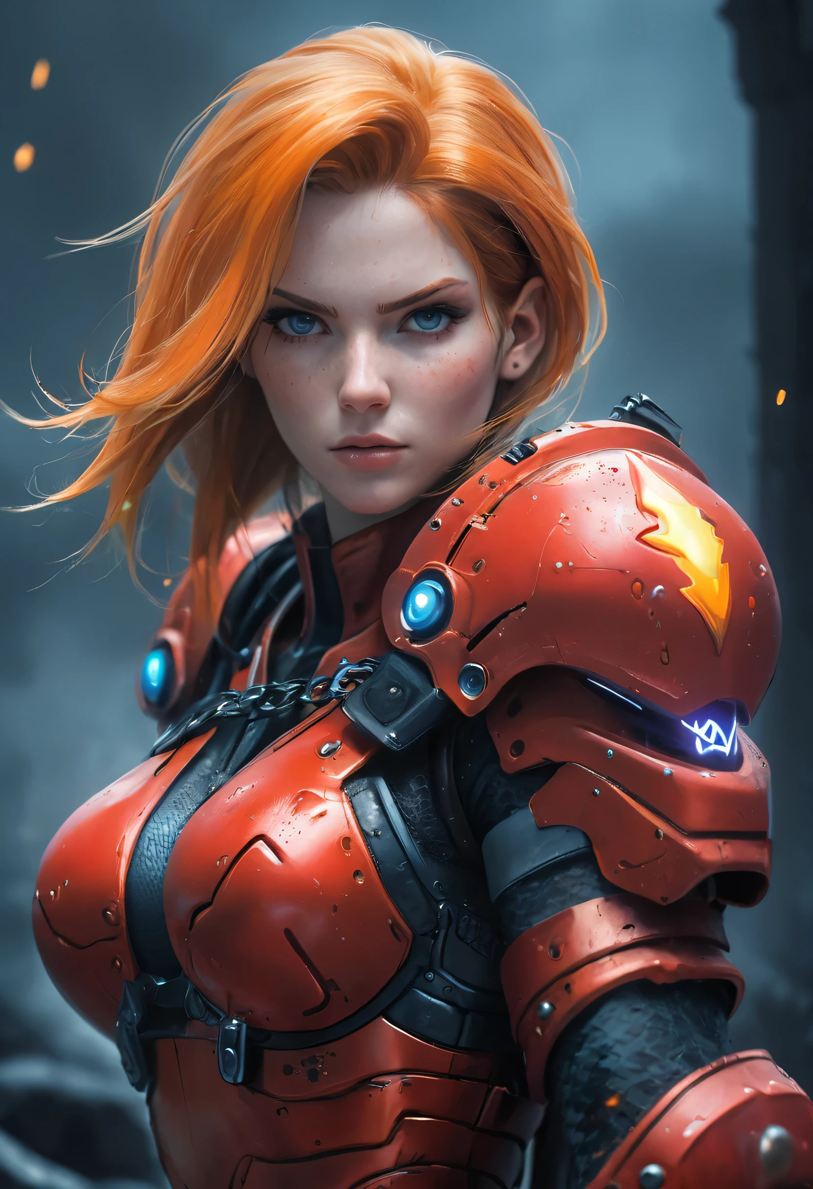 An illustration of a fierce character with fiery hair, in the style of Molecular, [lara croft:(princess peach:1.2):(zelda princess):panam palmer:samus:ciri:(jill valentine)], Al Capp, intense and powerful, photo-enhanced, cyberpunk genre, fiery red