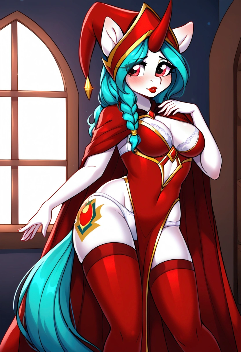 (My little pony), anthro, ((turquoise to white hair gradient)), white body, red eyes, medium breasts, red lips, perfect lines, beautiful quality, room, ((very shy pose)), ((royal red mage costume)), mage hat, radiant light, red stockings, white panties, big ass, front view, white bra under clothes