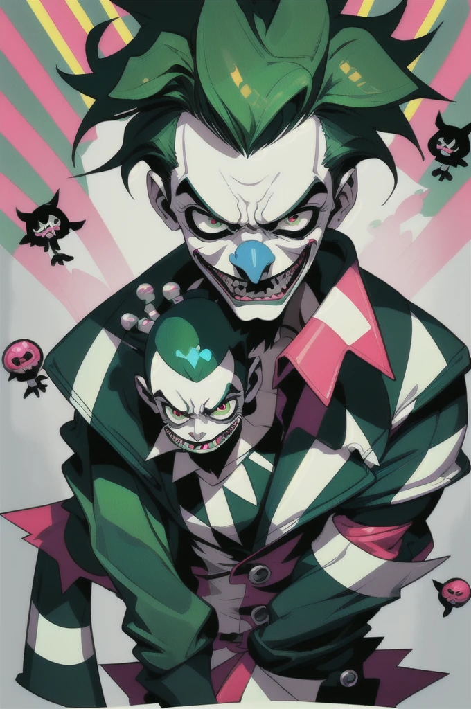 a cartoon character dressed up as a joker, fet in the style of striped arrangements, punk rock aesthetic, toonami, confessional, mommy's on-the-phonecore, silver and green, mcdonaldpunk, Niji Style, 