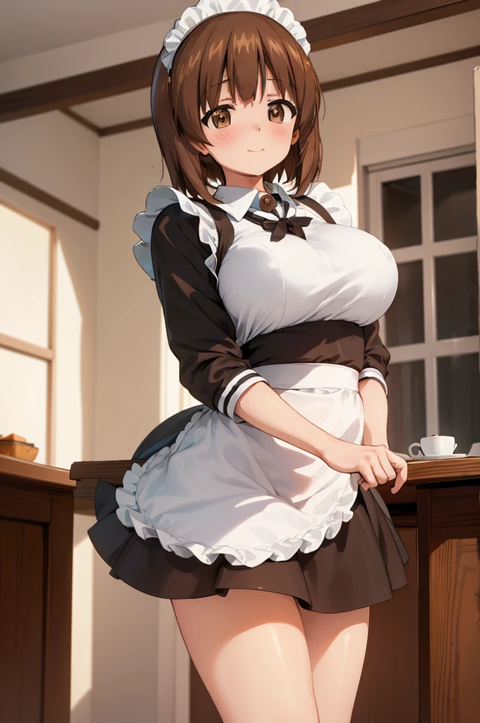 1girl, solo, girls und panzer, nishizumi miho,  brown eyes, brown hair, short hair, (maid uniform:1.4),closed mouth,happy,indoors, cafe ,big breasts,miniskirt,nsfw