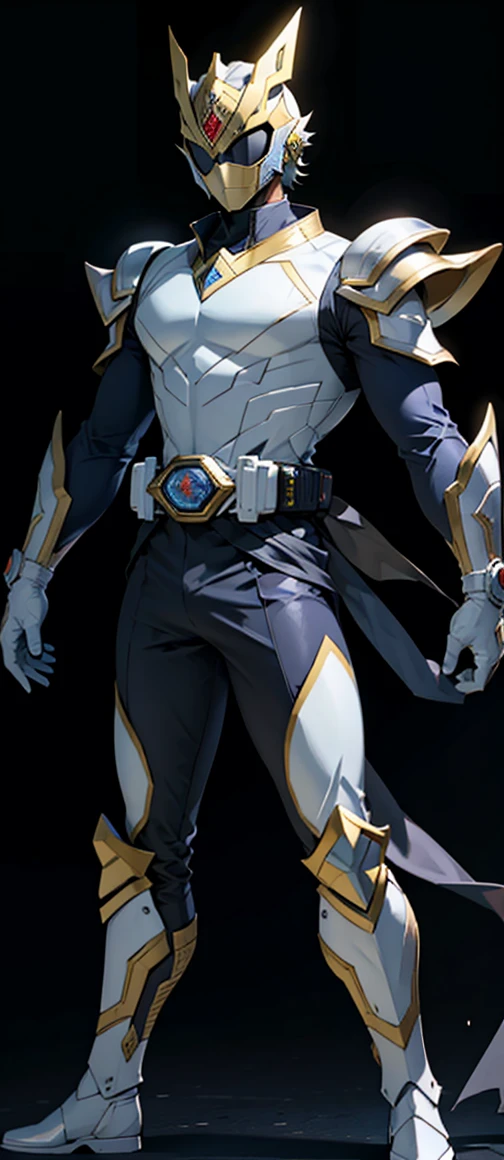 Finish off golden kamen rider with large pointed shoulder pads and its white metallic torso with ridges on the part of the sharp and luminous shoulder pads