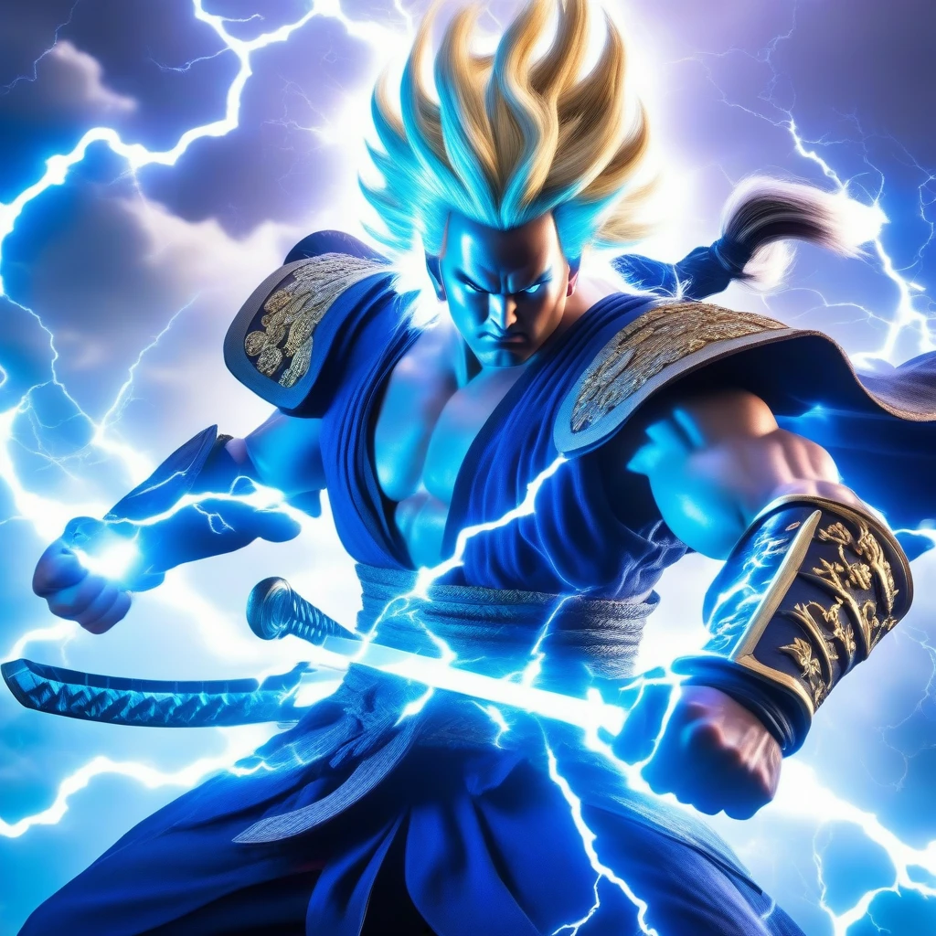 Create an epic illustration of Raijin Arashi, the 'Storm God Samurai.' Raijin is a powerful warrior with long, striking silver hair and electric blue eyes. He wears traditional samurai armor crafted from rare celestial metals, adorned with intricate lightning motifs. He wields a Celestial Katana forged from the heart of a fallen star, which channels and amplifies his lightning powers. Raijin can summon cataclysmic storms capable of obliterating planets, and his divine control over lightning and storms causes massive destruction. He can also release devastating energy blasts and surround himself with a powerful lightning aura. The background should depict a stormy battlefield with intense lightning and thunder."