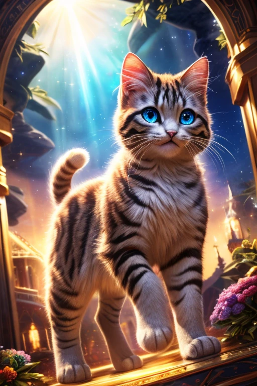 (Highest quality、masterpiece、8k))、Anatomically correct、Very detailed、High resolution、Realistic、((Beautiful, sparkling, detailed eyes))、Intricate details、Cinematic lighting、((Dynamic composition))、Cute black kitten、Beautiful island、heaven、Welcoming black kitten、tuxedo