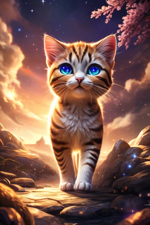 (Highest quality、masterpiece、8k))、Anatomically correct、Very detailed、High resolution、Realistic、((Beautiful, sparkling, detailed eyes))、Intricate details、Cinematic lighting、((Dynamic composition))、Cute black kitten、Beautiful island、heaven、Welcoming black kitten、tuxedo
