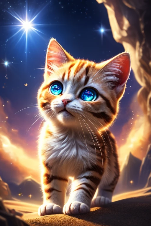 (Highest quality、masterpiece、8k))、Anatomically correct、Very detailed、High resolution、Realistic、((Beautiful, sparkling, detailed eyes))、Intricate details、Cinematic lighting、((Dynamic composition))、Cute black kitten、Beautiful island、heaven、Welcoming black kitten、tuxedo