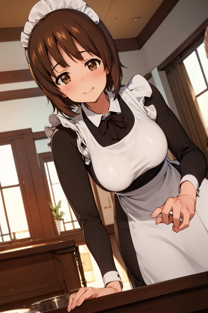 1girl, solo, girls und panzer, nishizumi miho,  brown eyes, brown hair, short hair, (maid uniform:1.4),closed mouth,happy,indoors, cafe ,big breasts