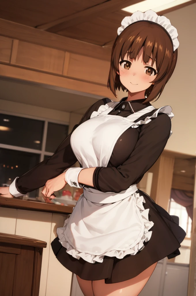 1girl, solo, girls und panzer, nishizumi miho,  brown eyes, brown hair, short hair, (maid uniform:1.4),closed mouth,happy,indoors, cafe 