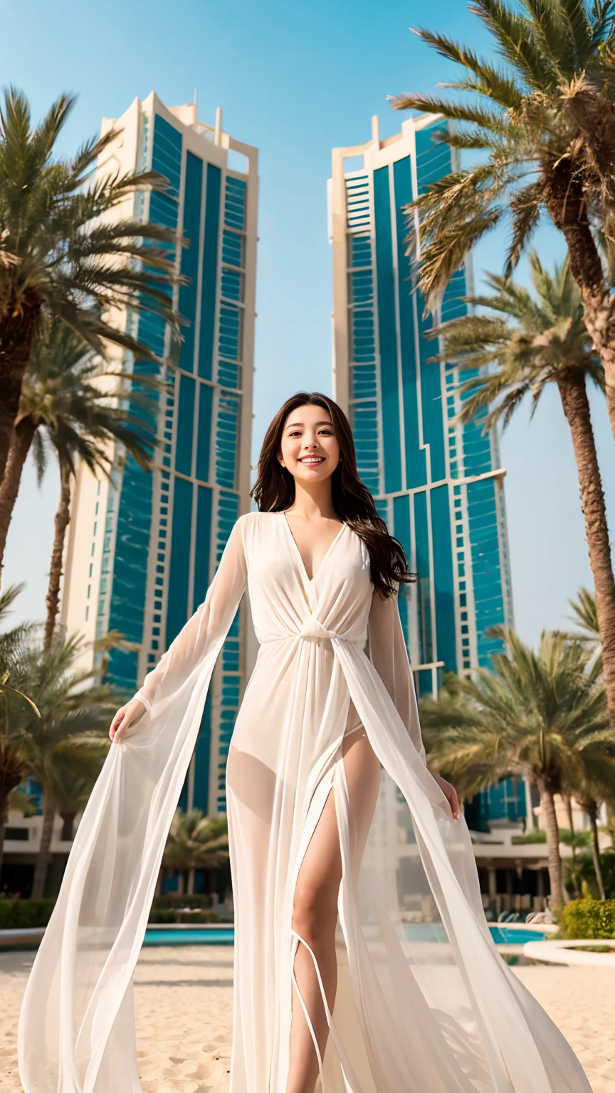 Dubai、Resort、condominium、See-through dress、eight-headed body、slender、Highest quality、Professional Lighting、Natural Makeup、The wind is blowing、Model standing、smile、View the photographer