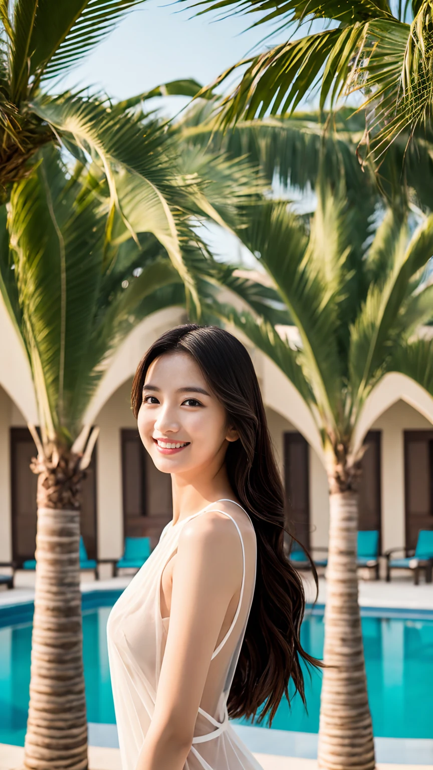 Dubai、Resort、condominium、See-through dress、eight-headed body、slender、Highest quality、Professional Lighting、Natural Makeup、The wind is blowing、Model standing、smile、View the photographer