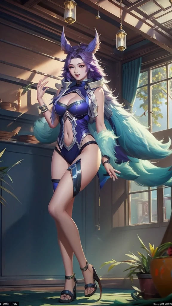 Fan Qi, league of legends splash art, a detailed painting, sots art, 1girl, big breasts and exposed breasts, ((big breasts:1.21)), looking at viewer, (((indoors:1.33))), soaking feet, Standing forward bend, (masterpiece, best quality:1.5), smiling, a slim navel