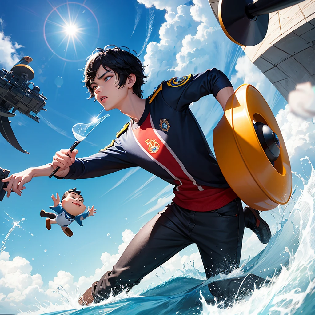 Disney-inspired untitled 3d poster/Pixar by a 22 year old, offwhite, drinking from, Bblack hair, 小柄, blue eyes, round nose, police profession, responding to an incident, Flamengo in the background protecting